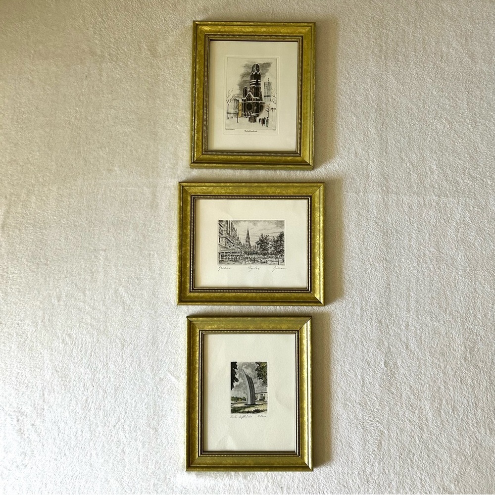 Set of 3 Art Etching Prints Germany Framed Berlin Architecture Vintage
